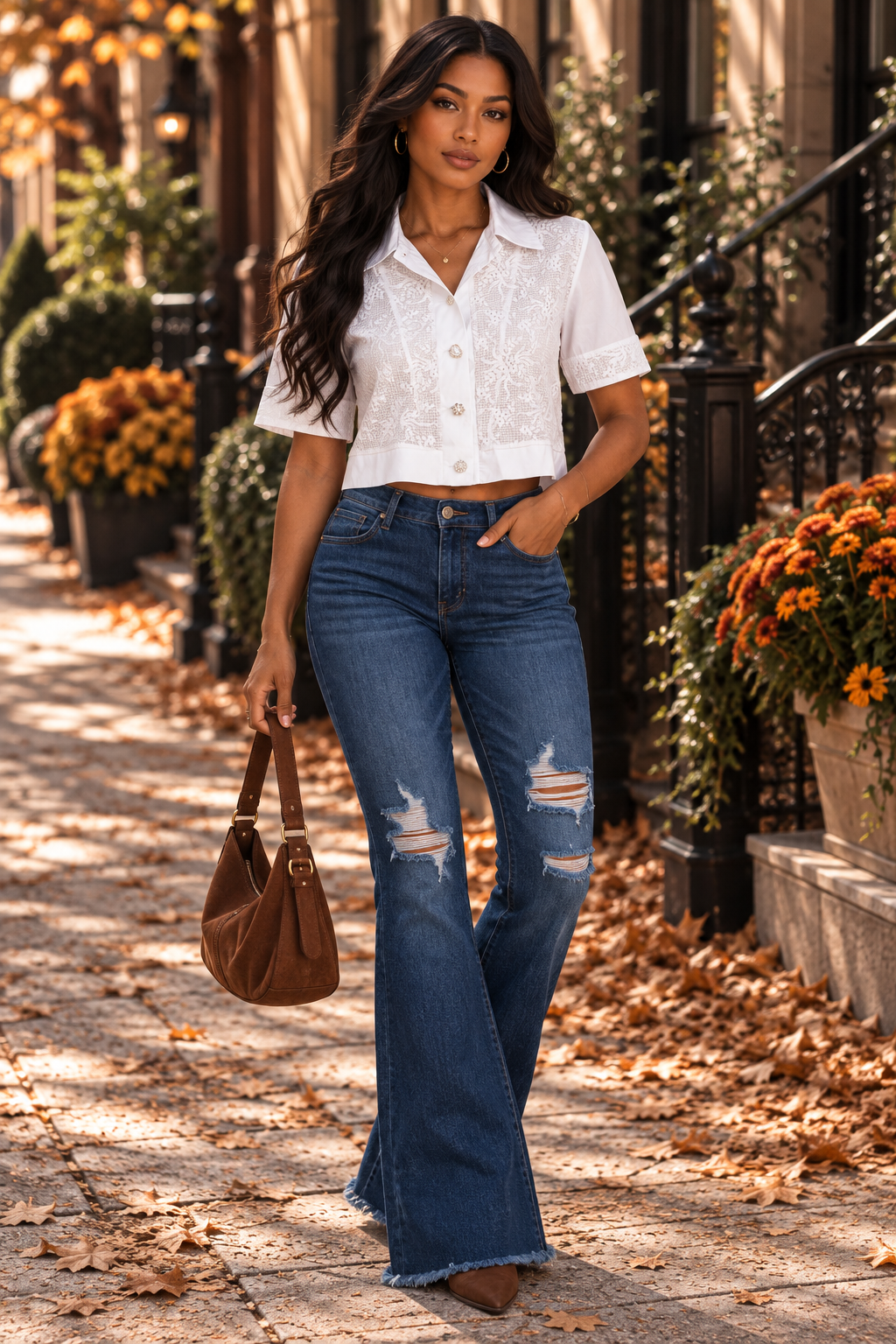 Cropped Button-Up Eyelet Lace Top with Puff Sleeves
