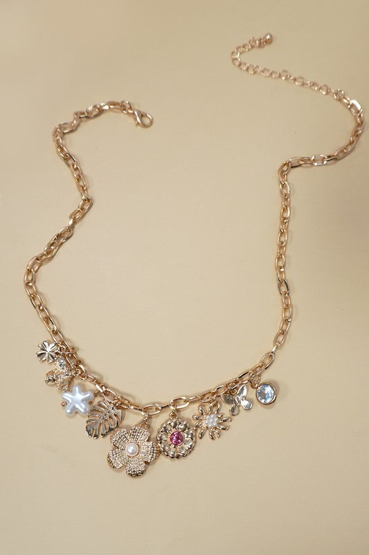 The Vintage Garden Charm Necklace – Gold Floral & Pearl