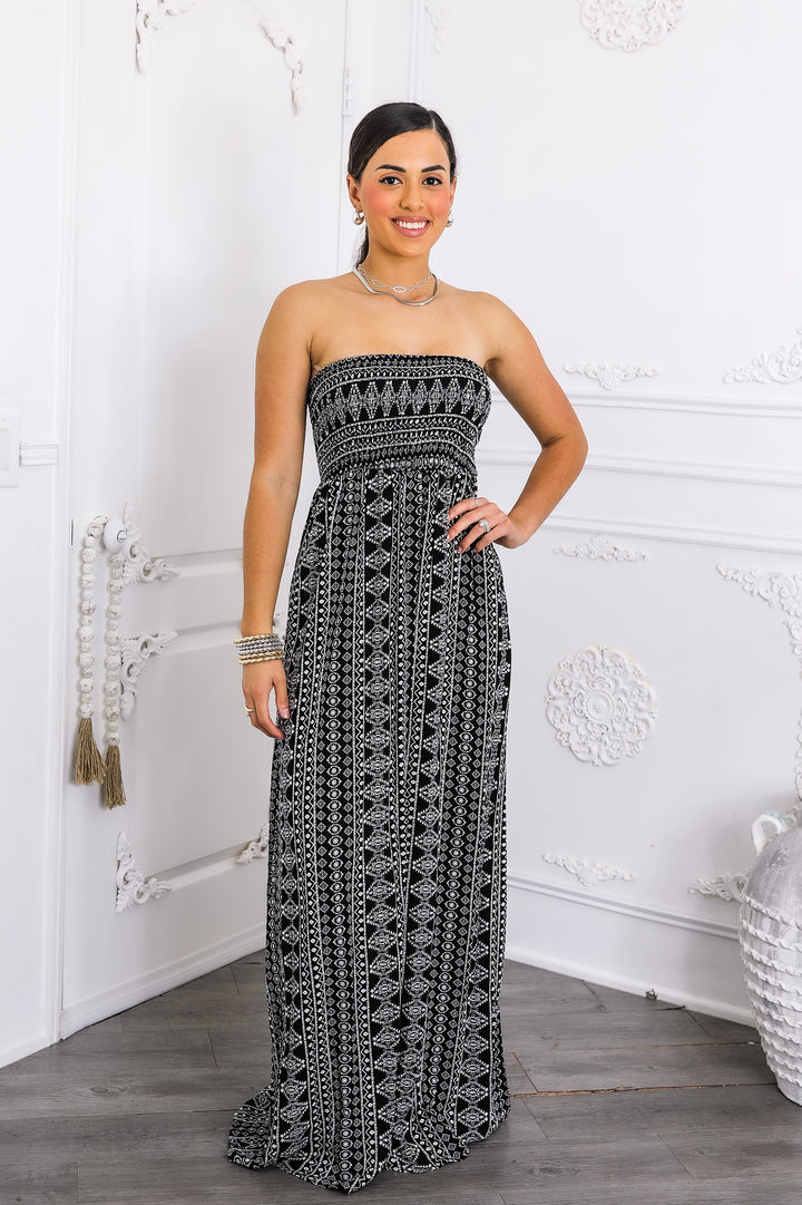 Strapless Tribal Print Maxi Dress – Black & White Flow