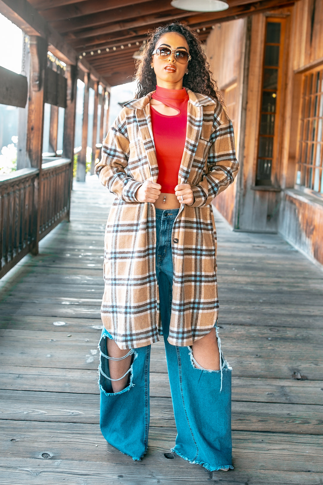 Camel Plaid Long Shacket – Oversized Button Down Coat for Women