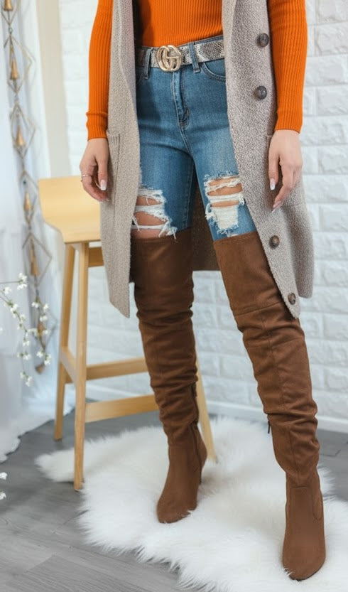 Unmatchable Pointy Slouchy Knee and Thigh High Boots Brown
