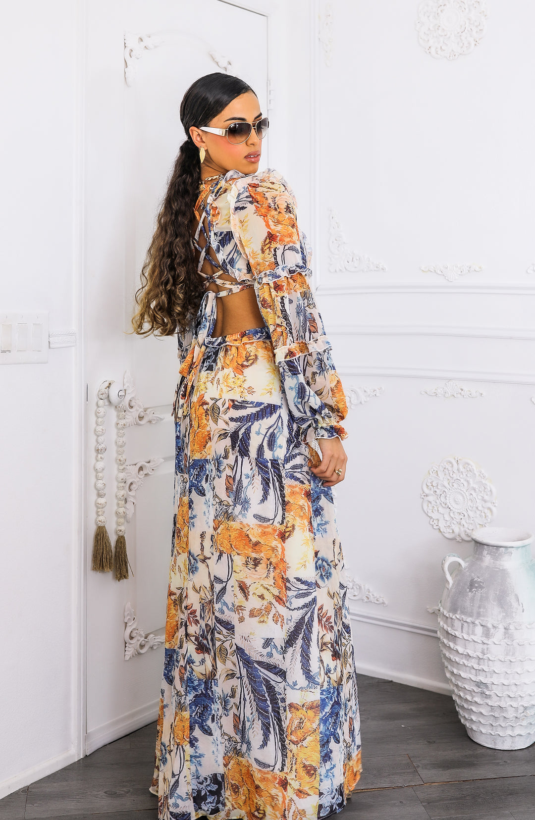 Boho Cream Floral Cutout Lace-Up Maxi Dress