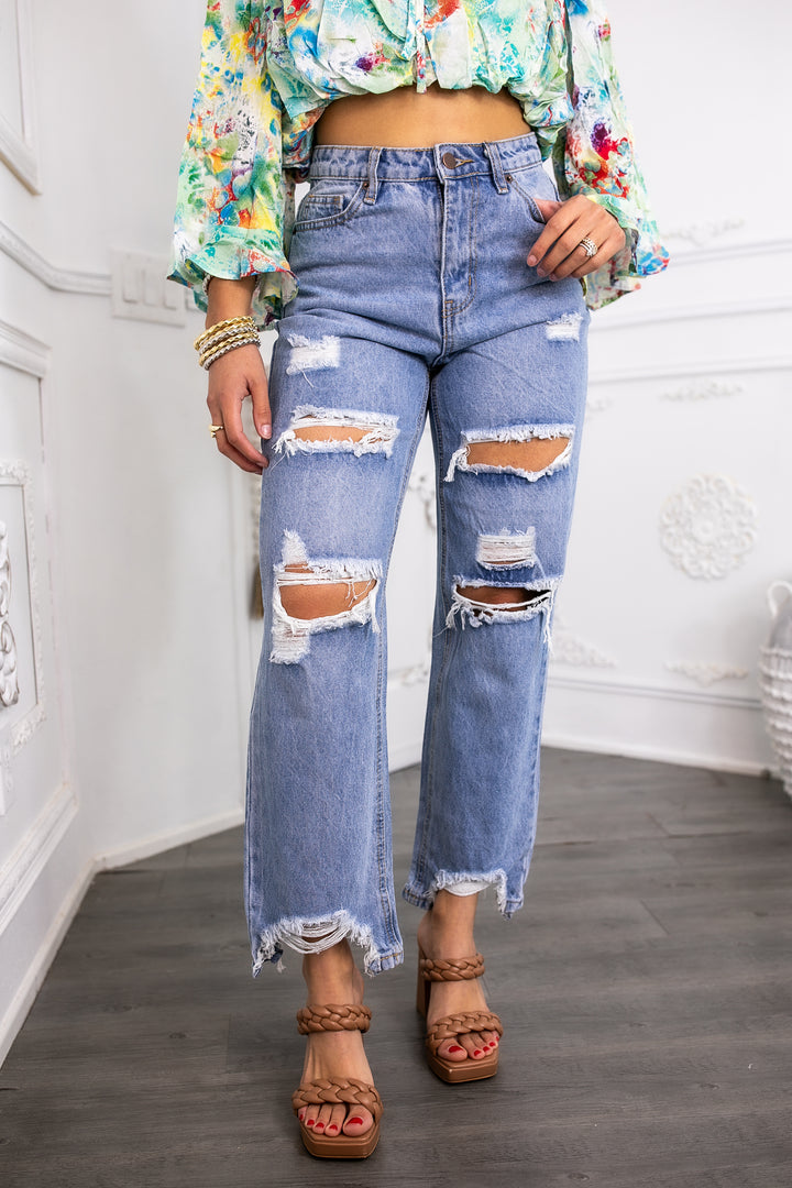 High-Rise Ripped Straight Leg Jeans – Light Wash Distressed Denim