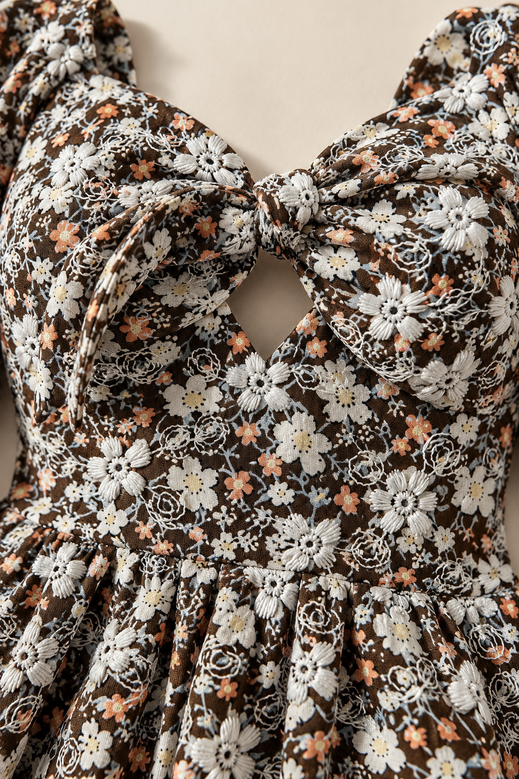 Tiered Floral Midi Dress – Brown Ditsy Long Sleeve Fall Dress