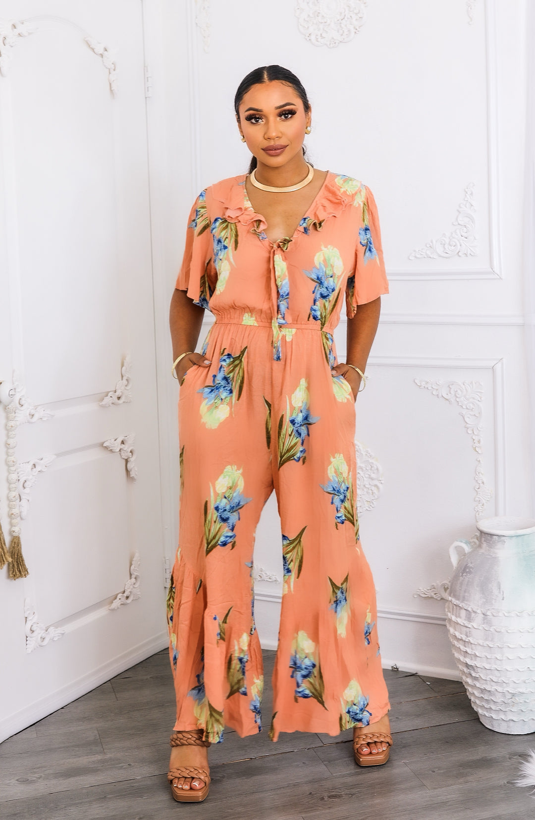Peach Floral Ruffle Jumpsuit – Wide-Leg Summer One-Piece