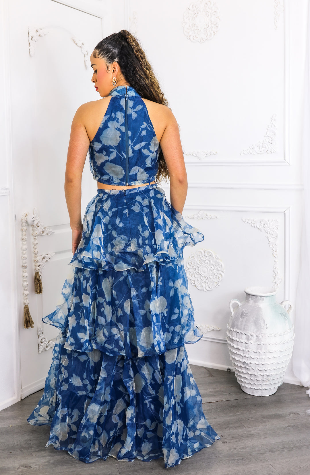 Blue Tiered Ruffle Two-Piece Set – Halter Crop Top & Maxi Skirt