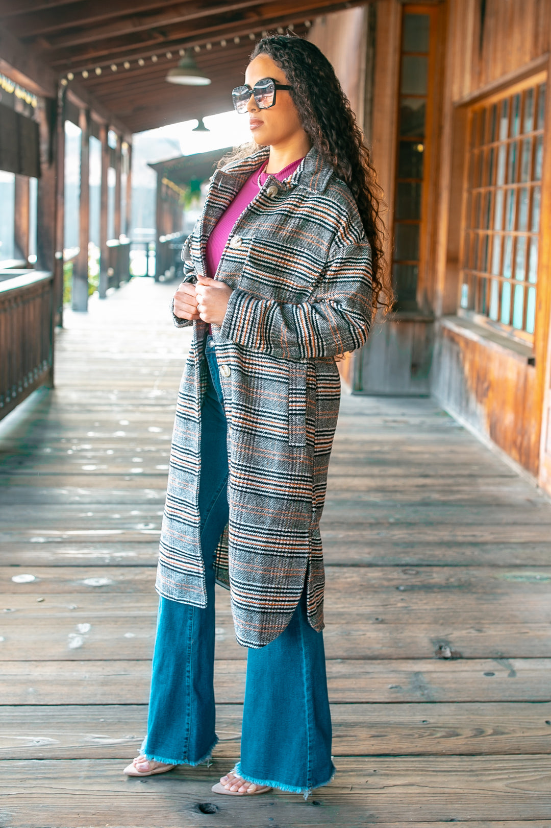 Grey Plaid Long Shacket – Oversized Button Down Coat for Women