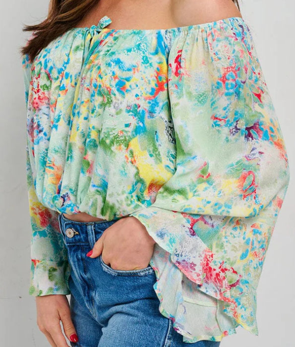 Whimsical Garden Off-Shoulder Chiffon Blouse
