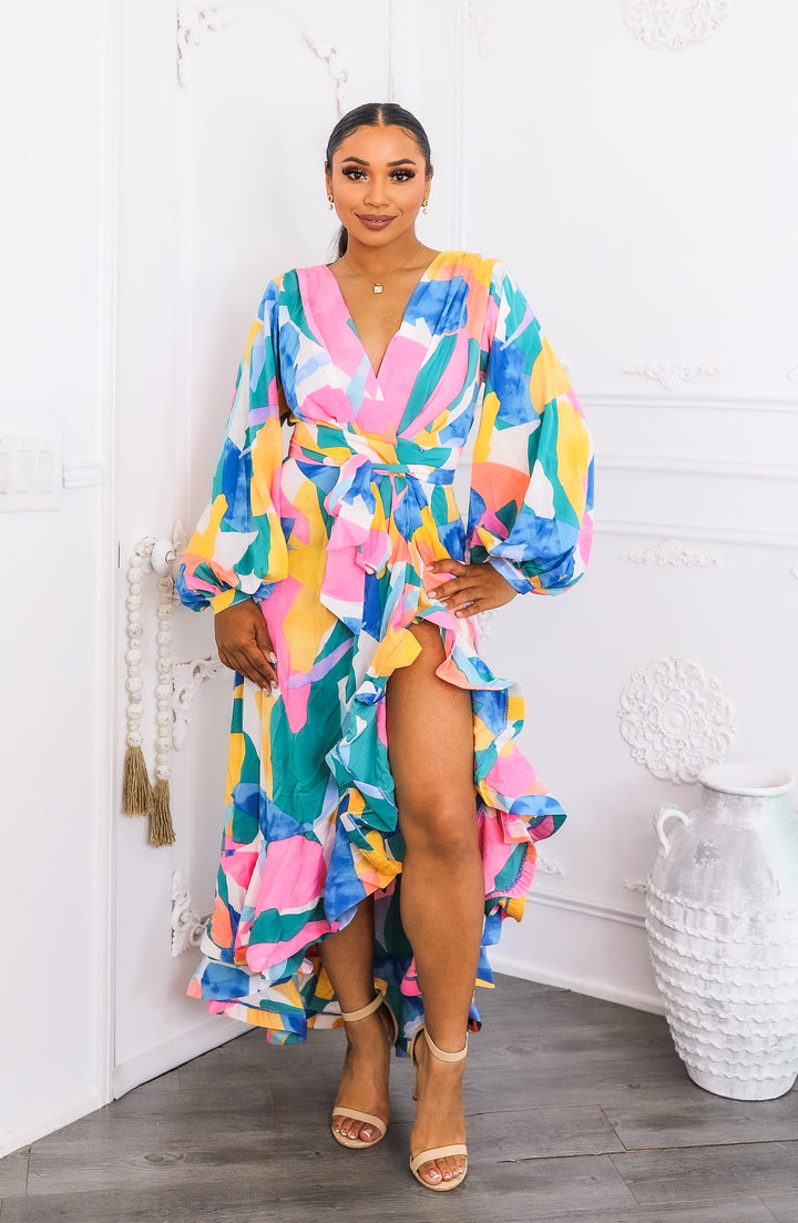 Color Splash Ruffle Wrap Maxi Dress with Balloon Sleeves