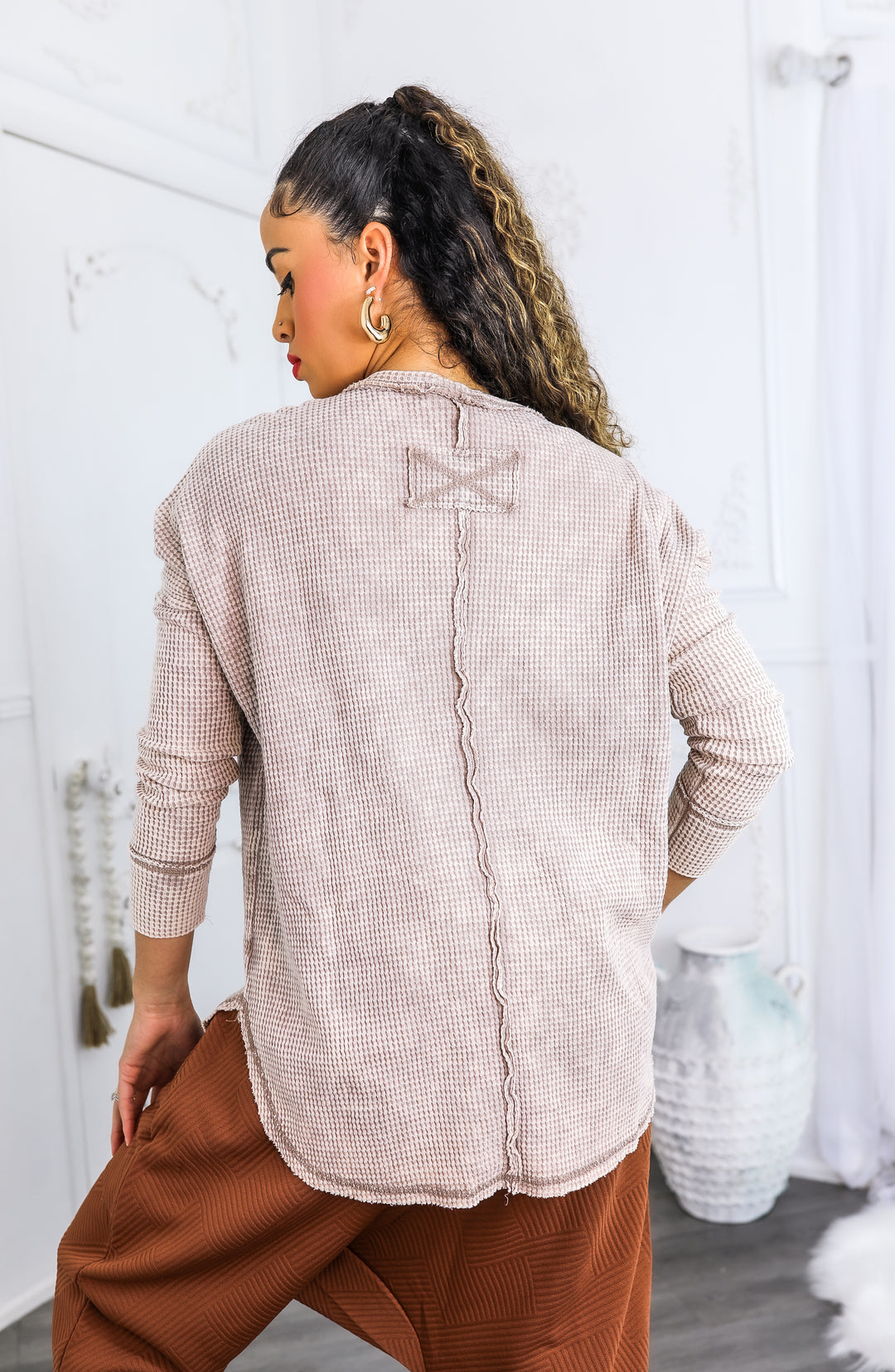 Textured Neutral Long Sleeve Top – Casual Waffle Knit Pullover