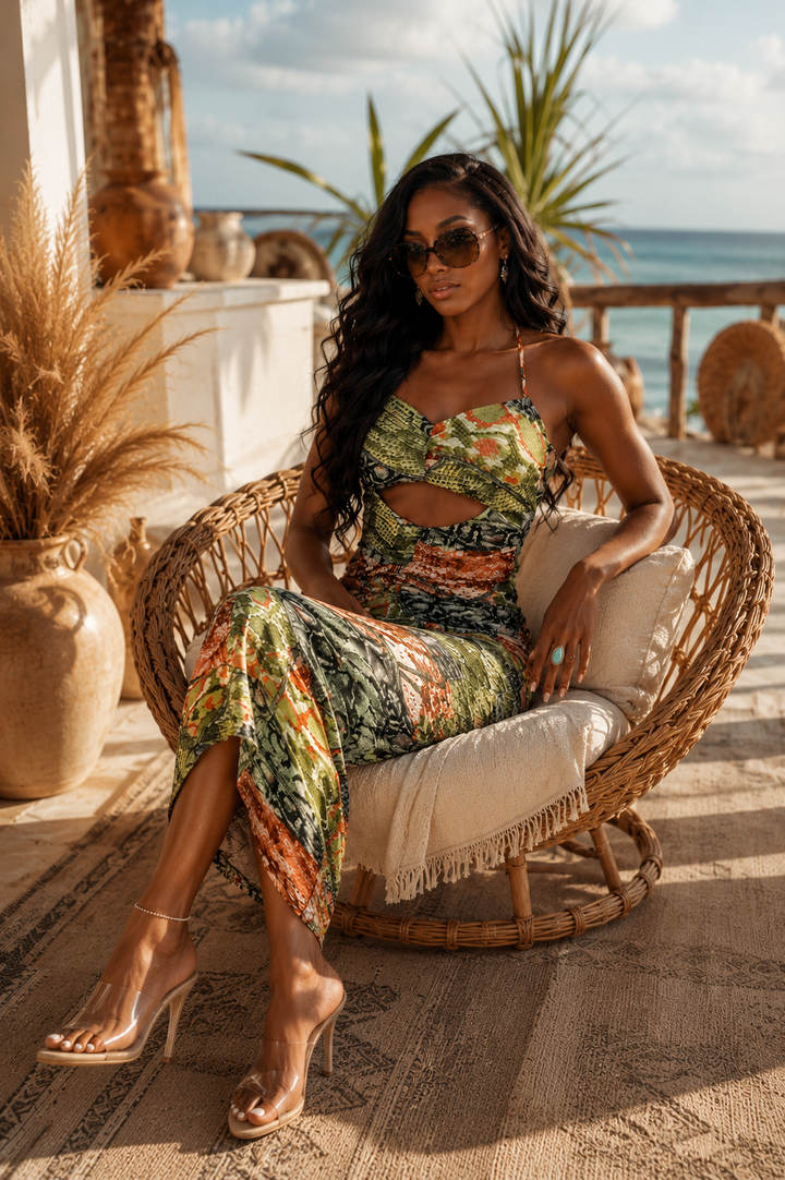 Printed Cutout Ruched Midi Dress