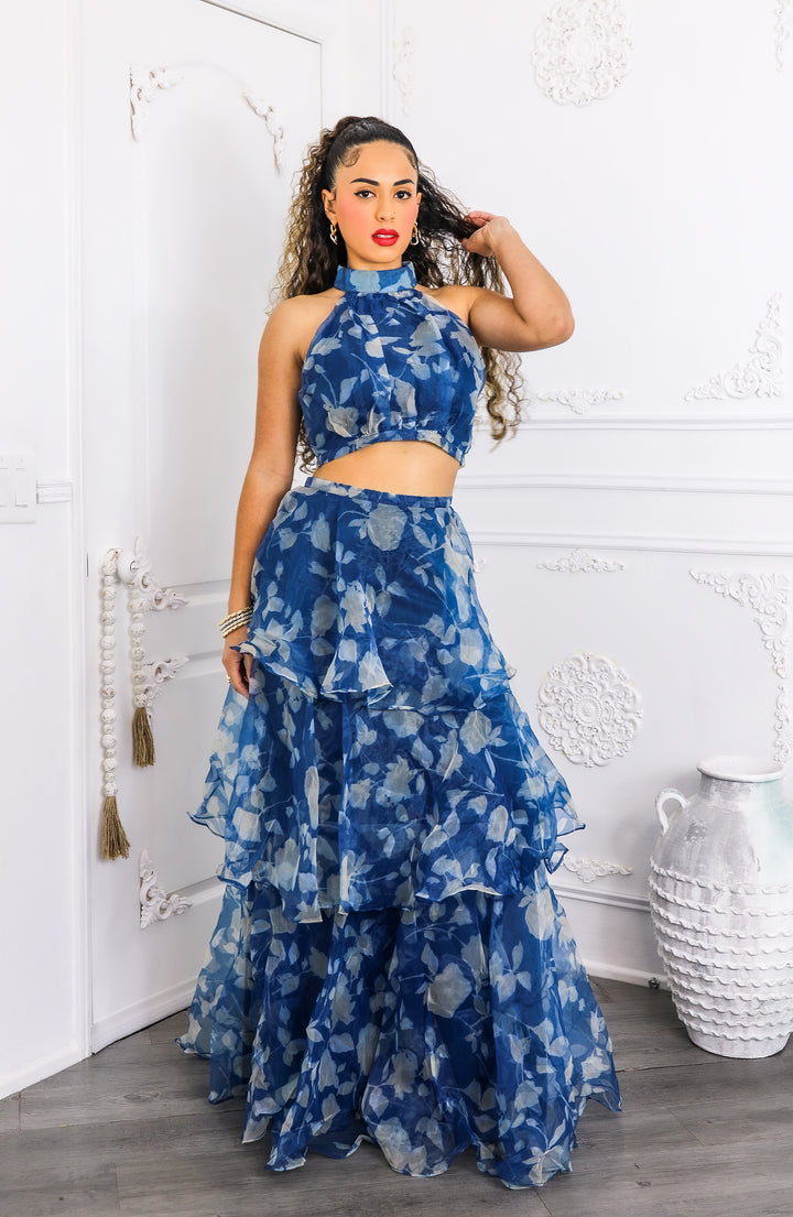 Blue Tiered Ruffle Two-Piece Set – Halter Crop Top & Maxi Skirt