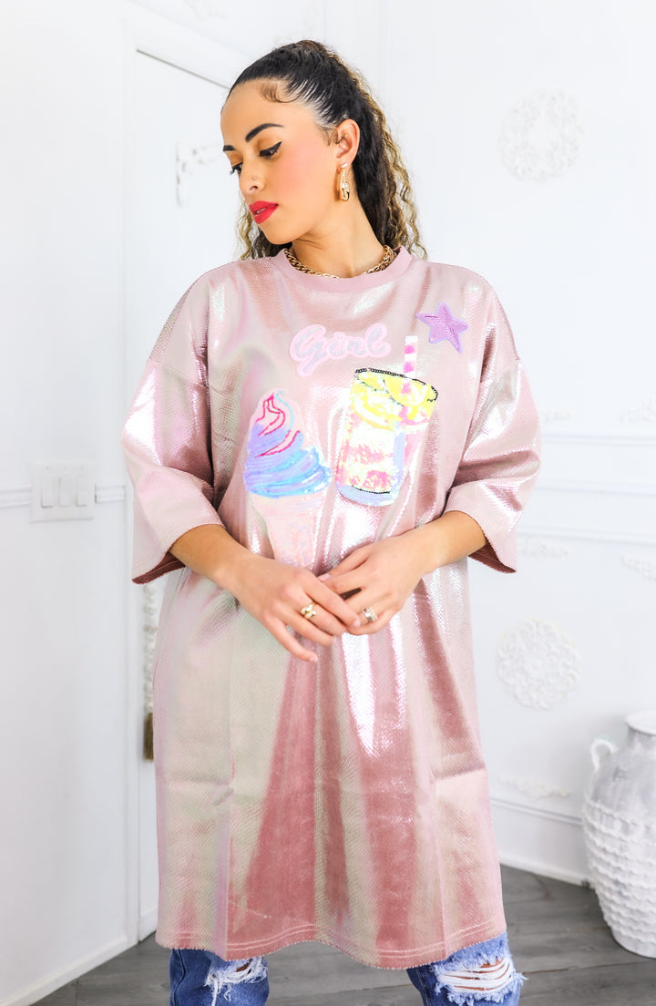 Holographic Pink Oversized Tunic Tee – “Girl” Graphic Shine