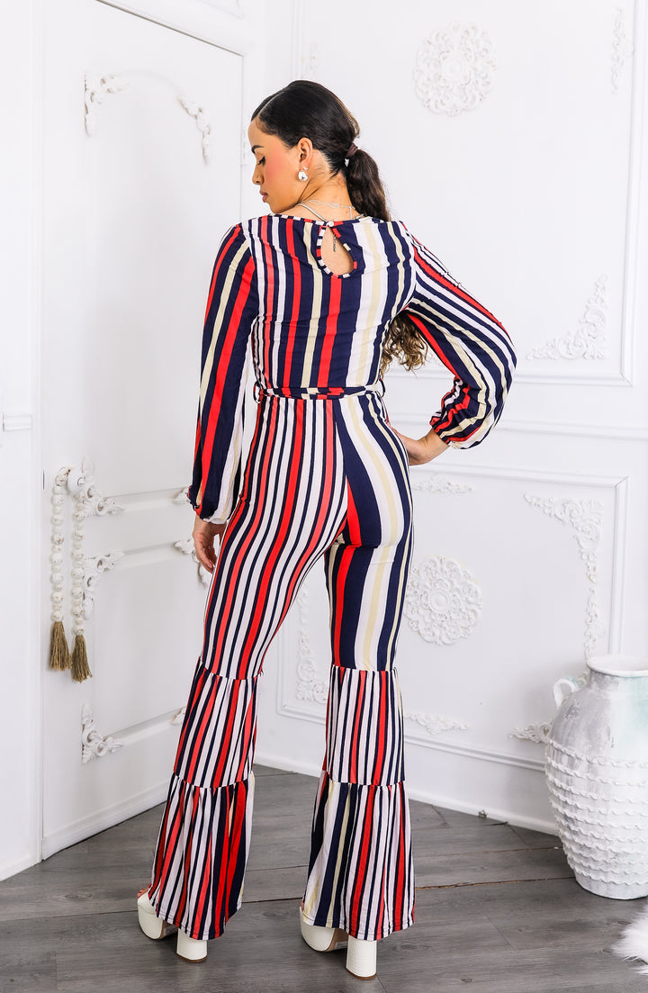 Striped Flare-Leg Jumpsuit with Tie Waist & Long Sleeves
