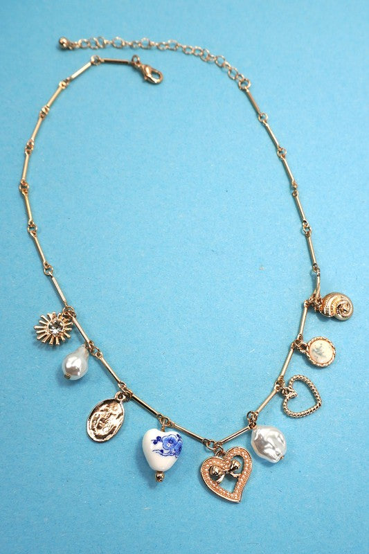 The Storyteller Charm Necklace – Vintage Gold Heart & Pearl