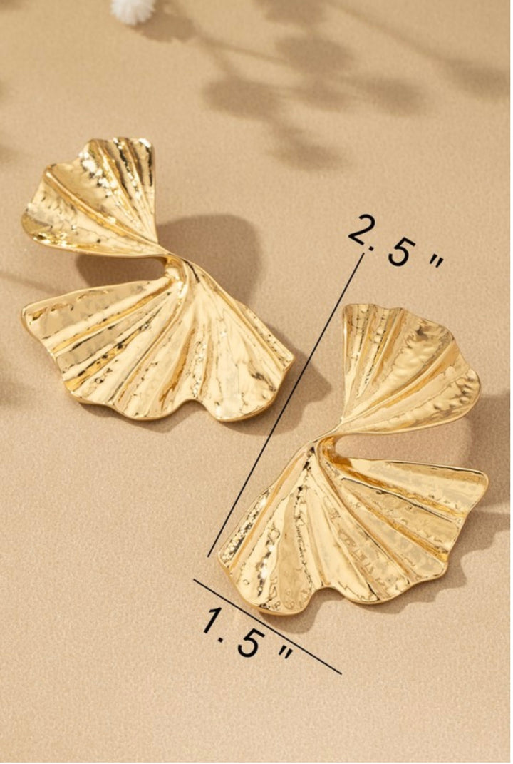 Bold Textured Twisted Fan Leaf Statement Earrings - Gold