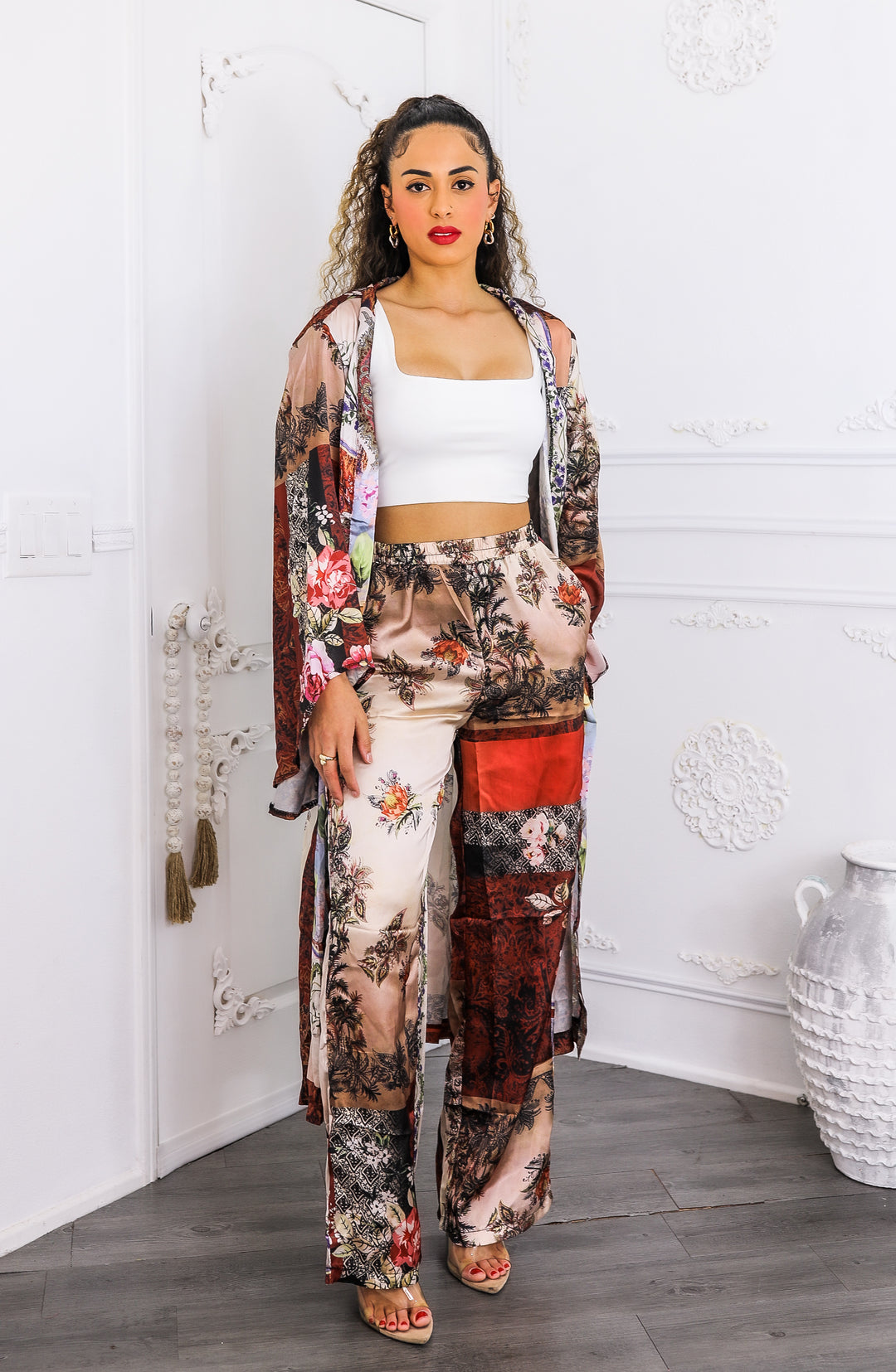 Golden Hour Boho Luxe Kimono Set – Printed Duster & Wide-Leg Pants
