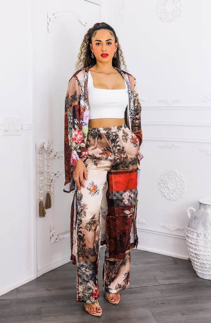 Golden Hour Boho Luxe Kimono Set – Printed Duster & Wide-Leg Pants