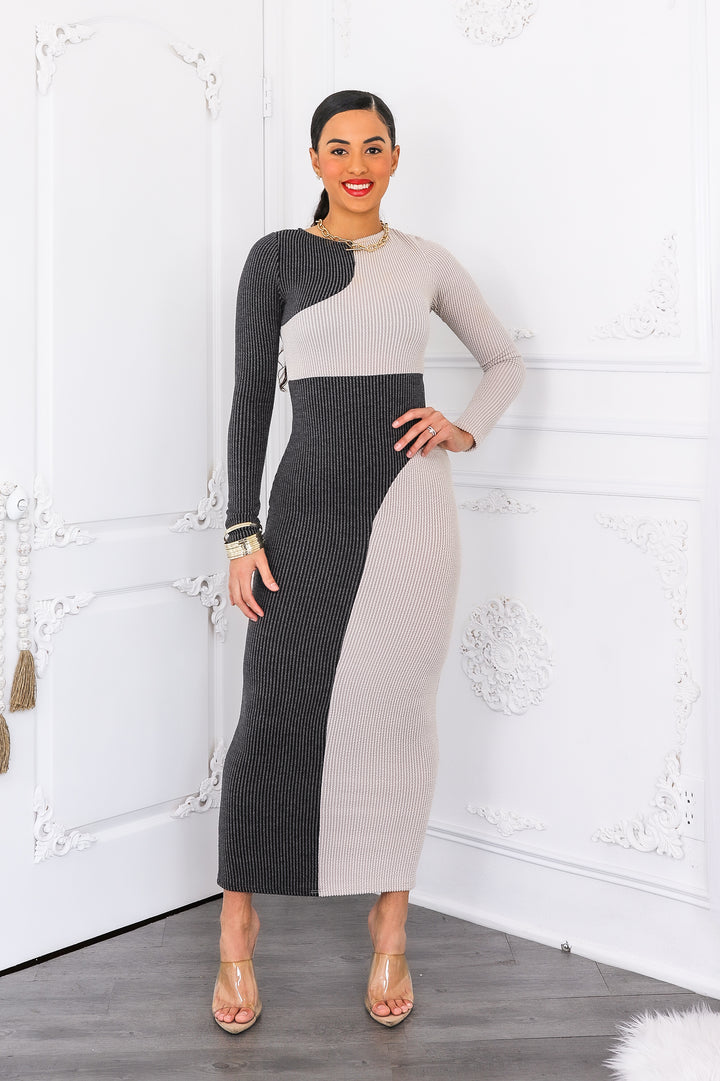 Hard To Forget Color Block Ribbed Bodycon Long Dress