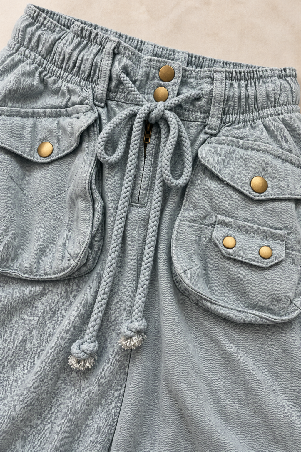 Cotton Cargo Jogger Pants – Light Blue High Waist Snap Pocket