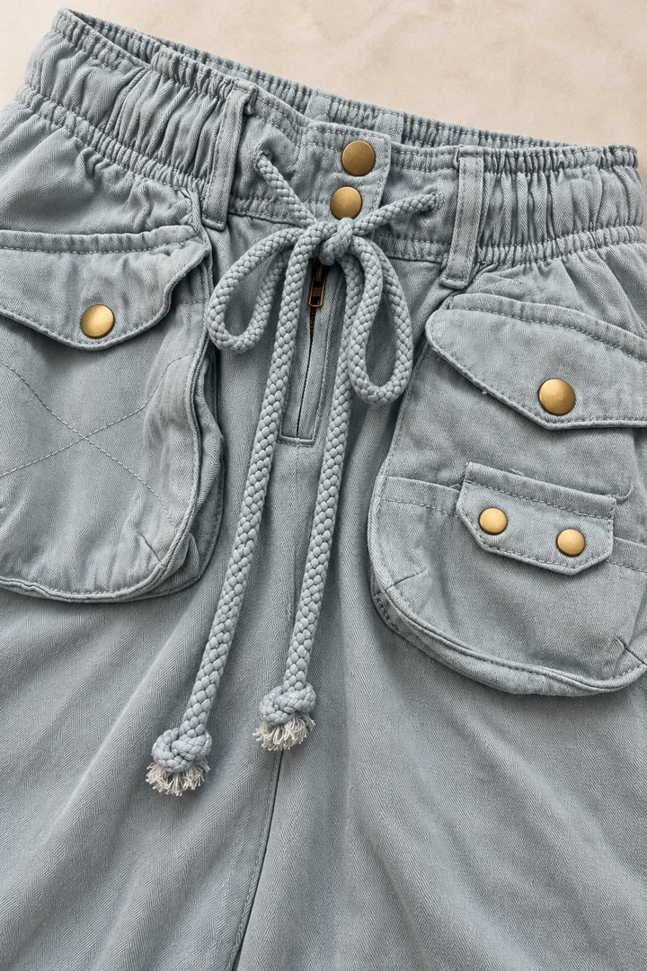 Cotton Cargo Jogger Pants – Light Blue High Waist Snap Pocket