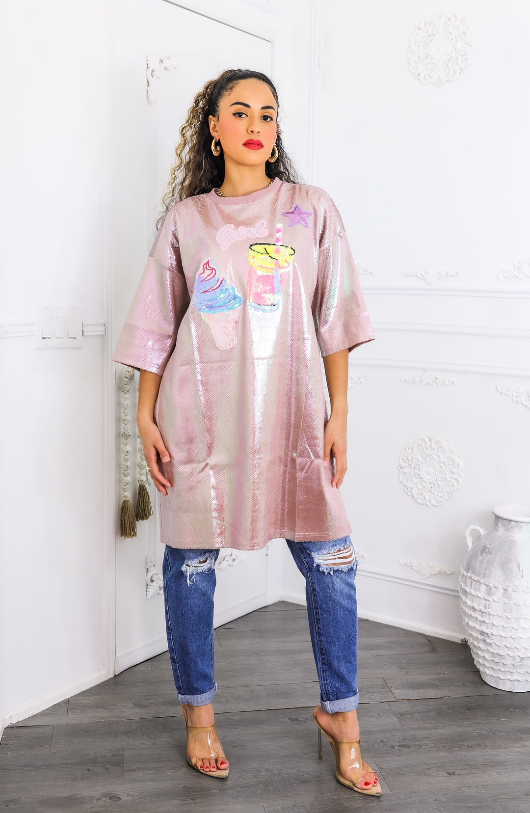 Holographic Pink Oversized Tunic Tee – “Girl” Graphic Shine