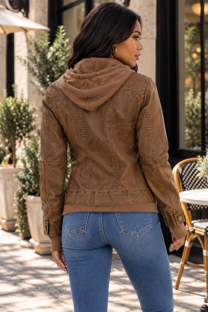 Brown Faux Leather Hooded Moto Jacket | Vegan Leather Bomber Coat