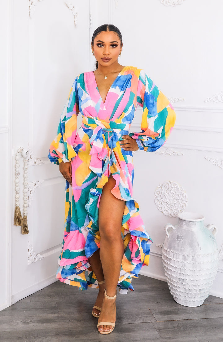 Color Splash Ruffle Wrap Maxi Dress with Balloon Sleeves