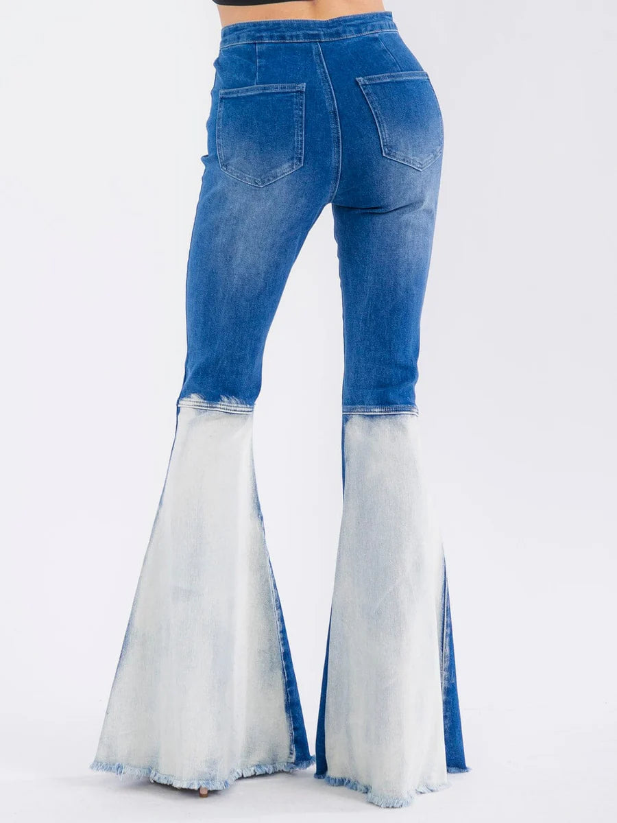 High Rise Two-Tone Flare Jeans with Frayed Hem