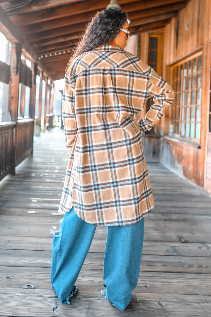 Camel Plaid Long Shacket – Oversized Button Down Coat for Women