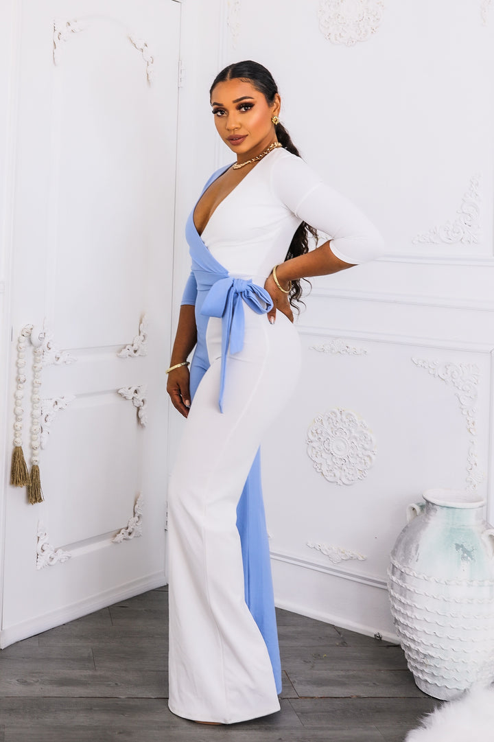 Sky & Ivory Colorblock Wrap Jumpsuit