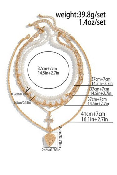 Layered Pearl & Gold Pendant Necklace Set – Cross & Heart Charms