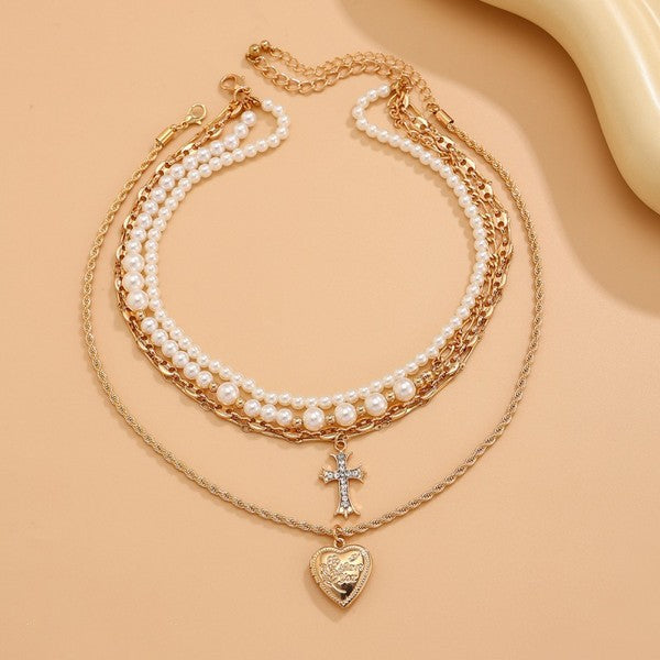 Layered Pearl & Gold Pendant Necklace Set – Cross & Heart Charms