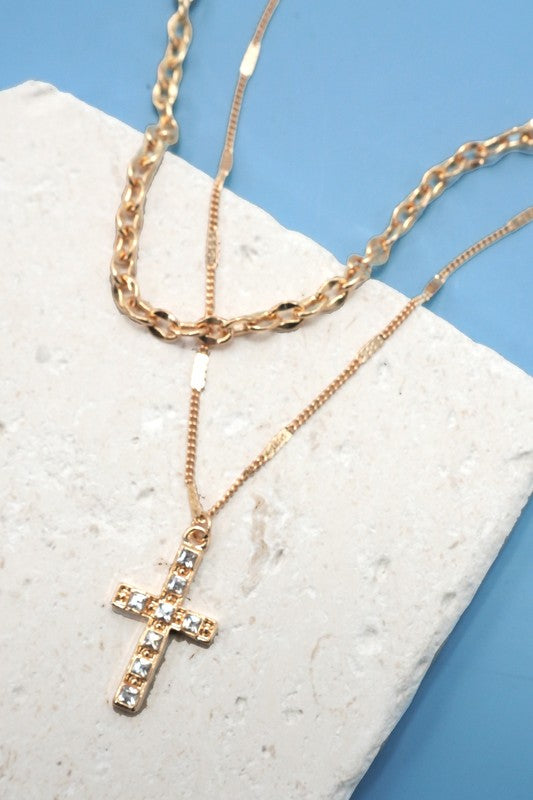 The Radiant Faith Layered Cross Necklace – Gold Crystal Cross