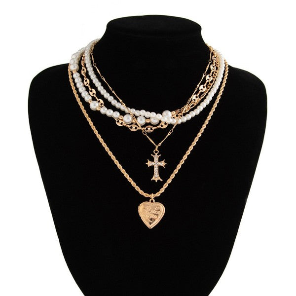Layered Pearl & Gold Pendant Necklace Set – Cross & Heart Charms