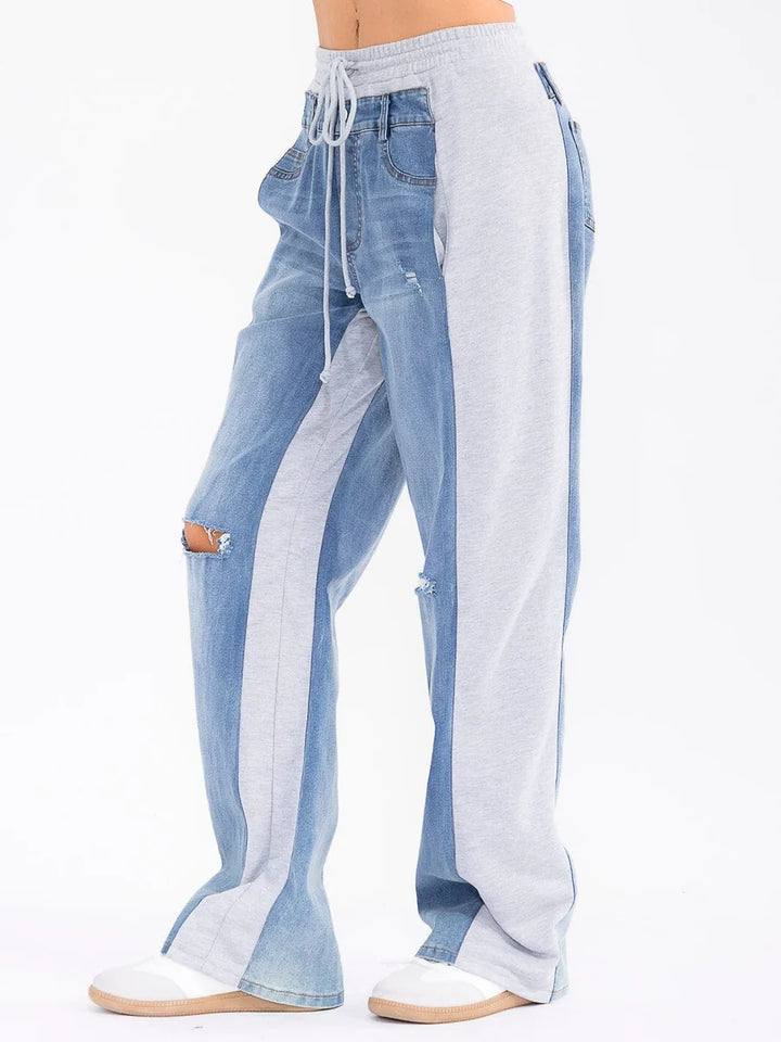Colorblock Denim & Sweatpant Hybrid Wide-Leg Pants – Blue/Gray