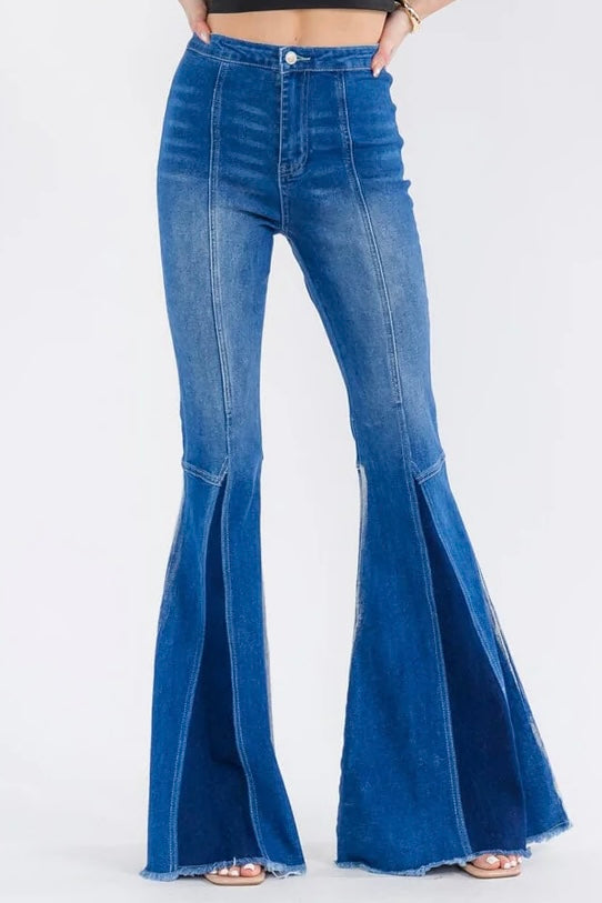 High Rise Two-Tone Flare Jeans with Frayed Hem