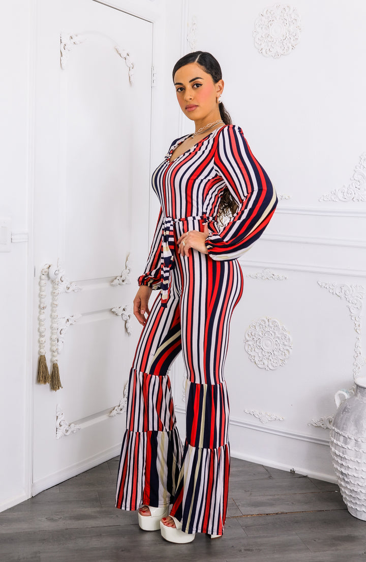Striped Flare-Leg Jumpsuit with Tie Waist & Long Sleeves