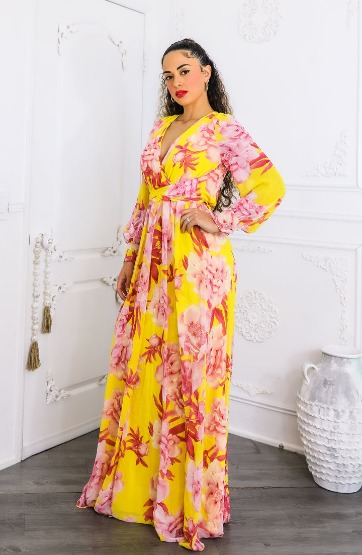 Sunset Bloom Maxi Dress – Yellow & Pink Floral Wrap Dress