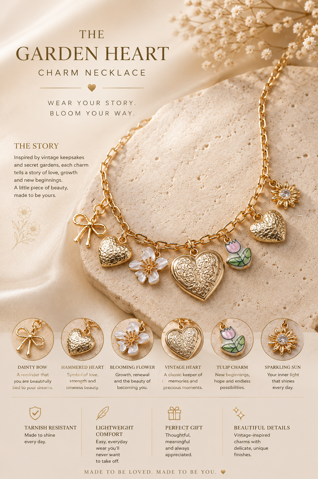 The Garden Heart Charm Necklace – Gold Heart & Porcelain Flower