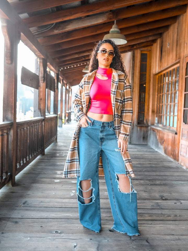 Camel Plaid Long Shacket – Oversized Button Down Coat for Women