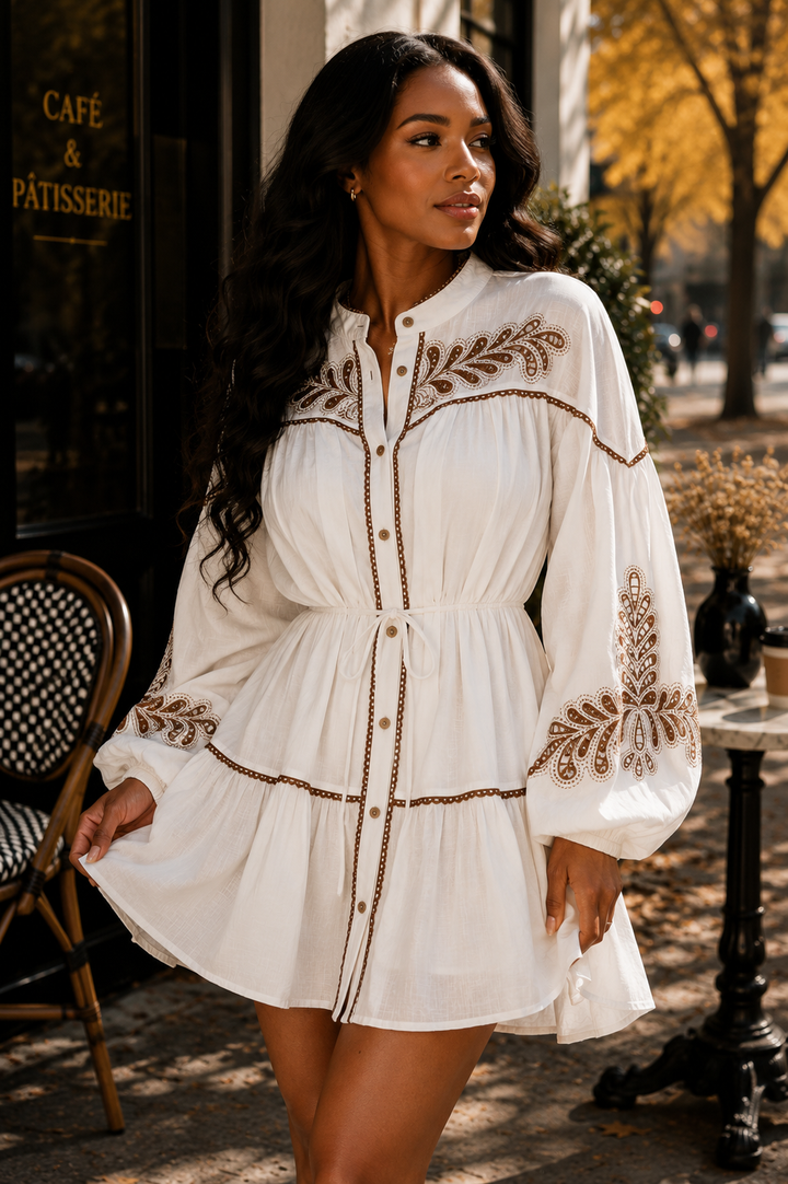 Embroidered Tie-Waist Mini Dress