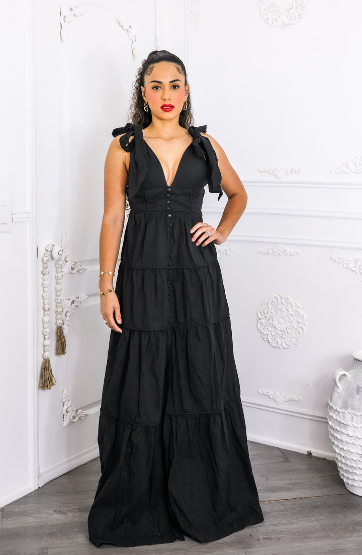 Black Tiered Maxi Dress – Tie Shoulder Button Front Slit