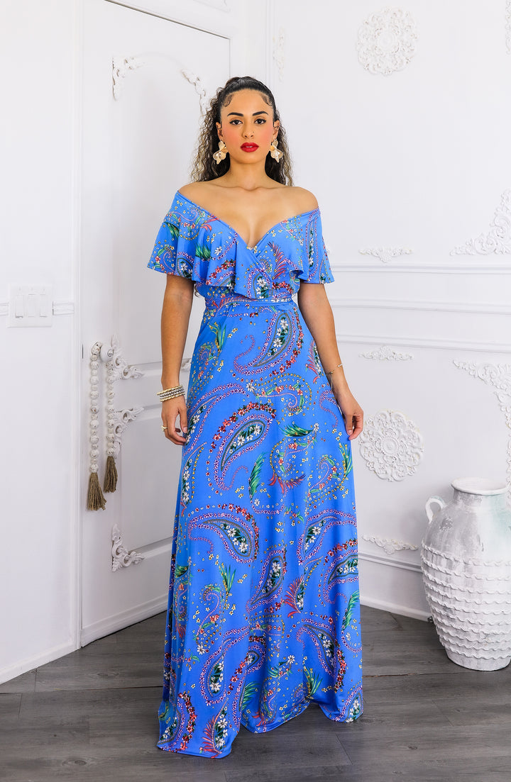 Blue Paisley On or Off-Shoulder Maxi Dress