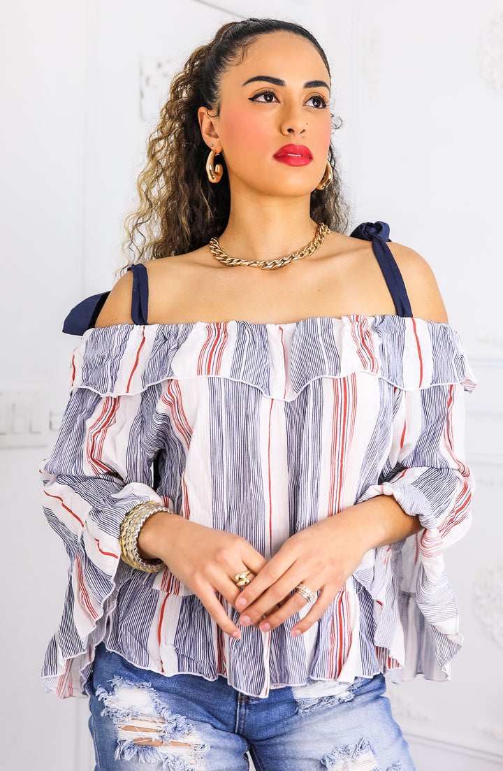 Striped Off-Shoulder Ruffle Blouse with Tie Straps