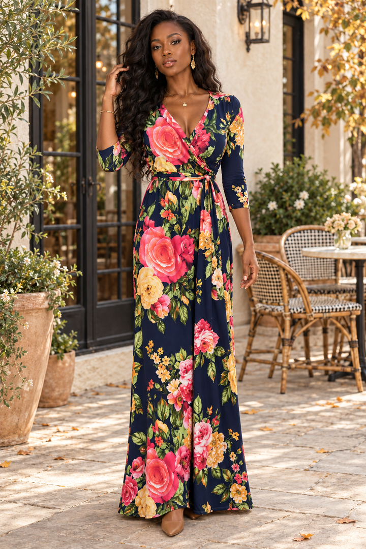 Floral Faux Wrap Maxi Dress – Navy Pink Rose Print V-Neck