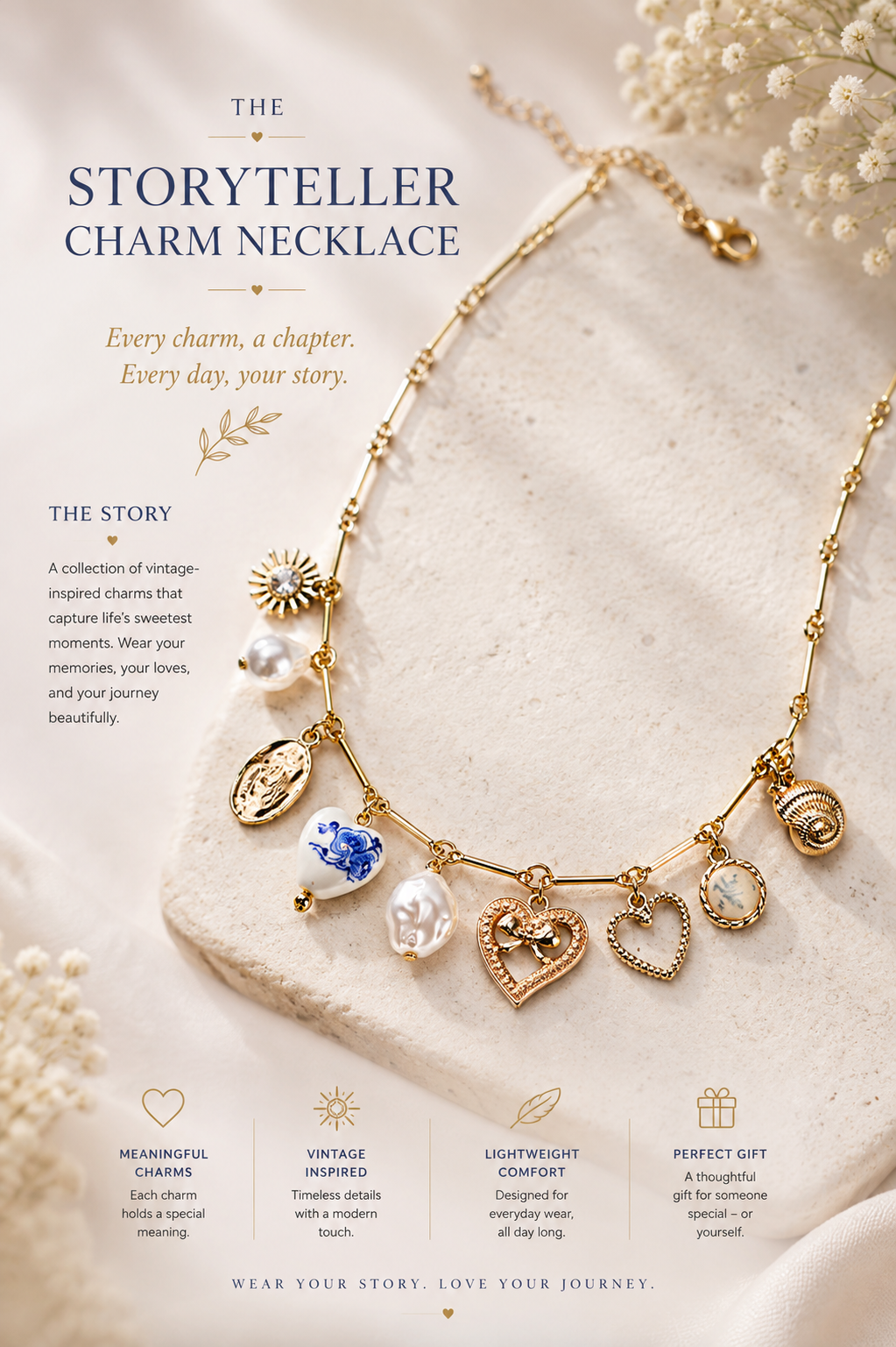 The Storyteller Charm Necklace – Vintage Gold Heart & Pearl