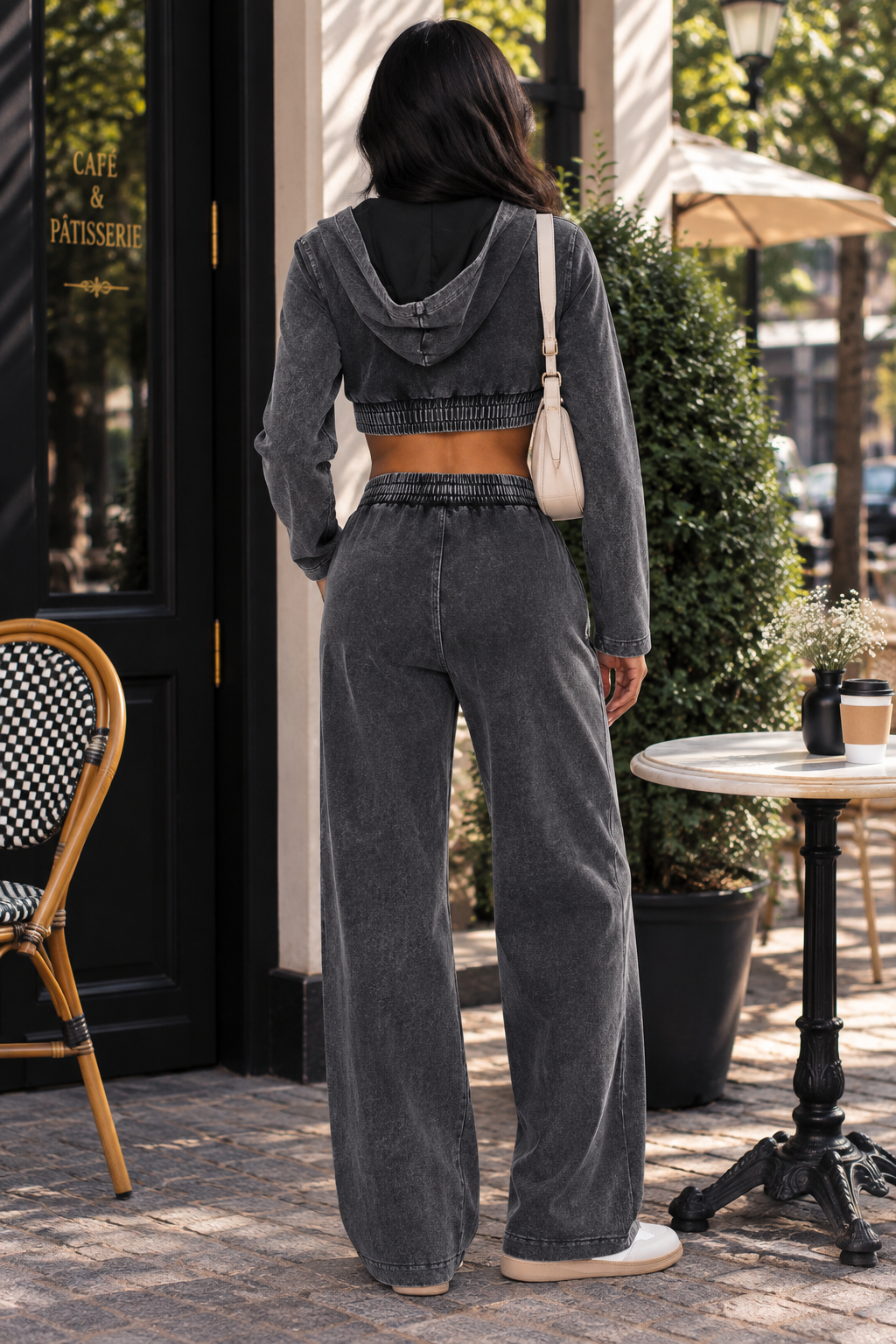Mineral Wash Two Piece Set – Hooded Crop Jacket & Wide Leg Pants