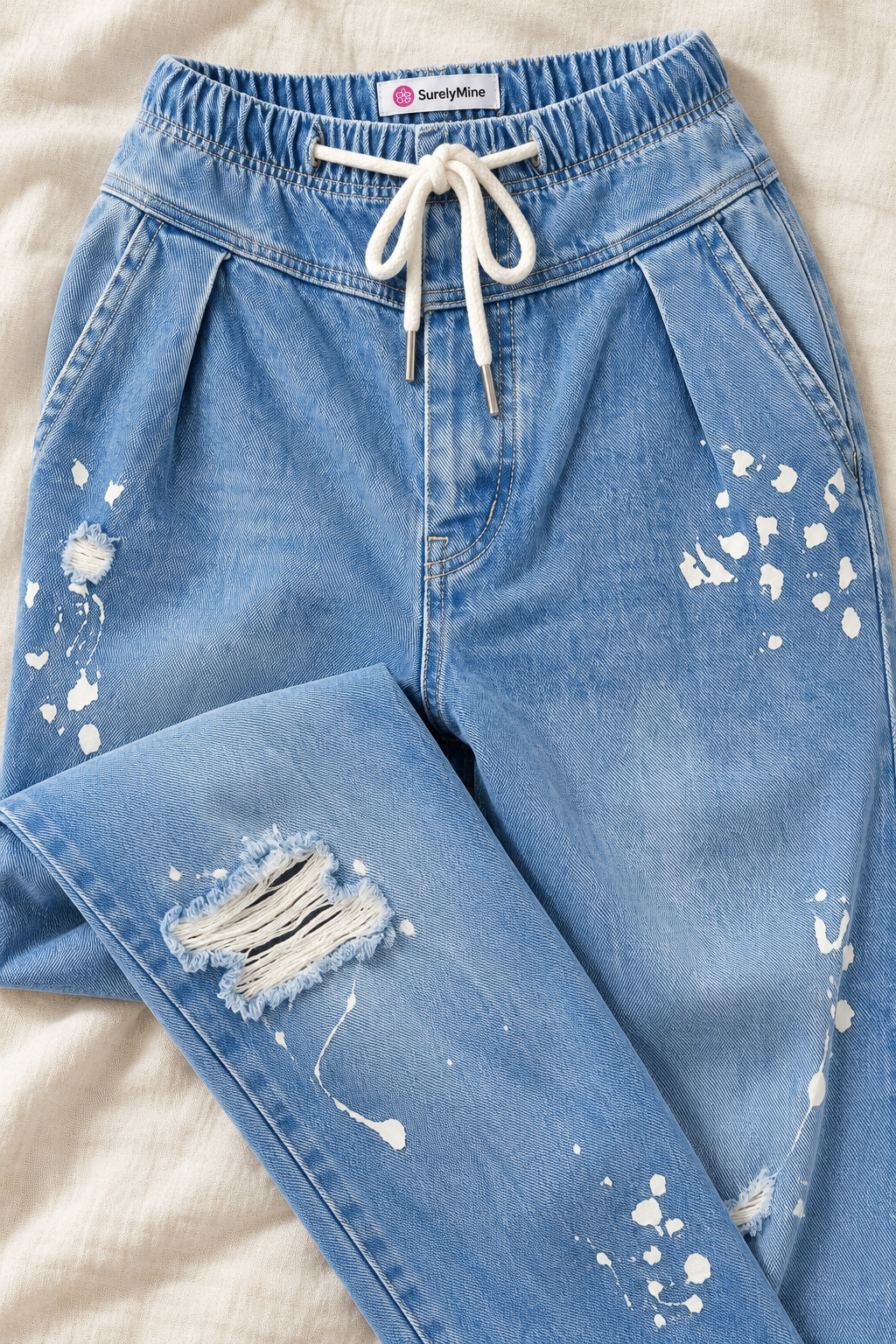 Paperbag Waist Jeans – Medium Wash Distressed Paint Splatter