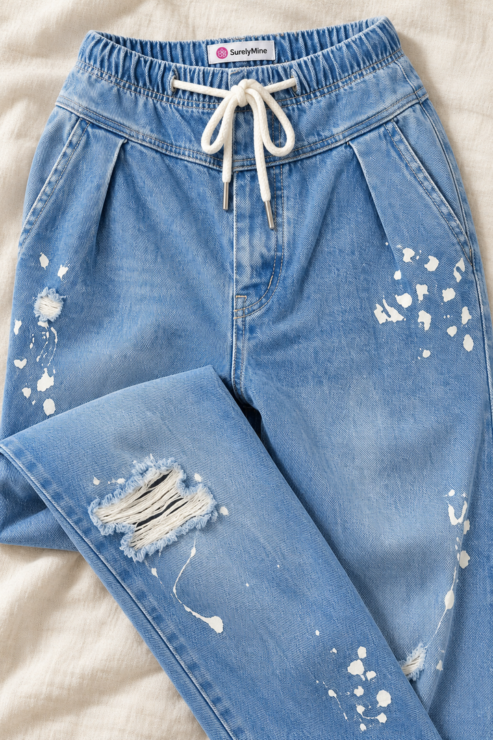 Paperbag Waist Jeans – Medium Wash Distressed Paint Splatter